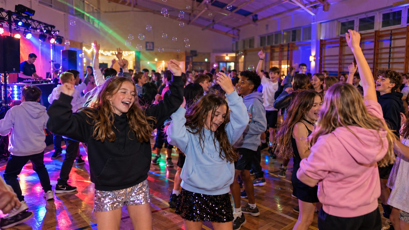 Illustrative image of Year 6 pupils in hoodies dancing at a school leavers party with disco lights and bubbles